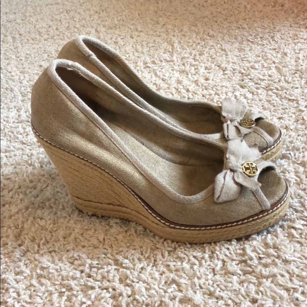 Tory Burch Jackie Peep Toe Espadrille Wedges US8